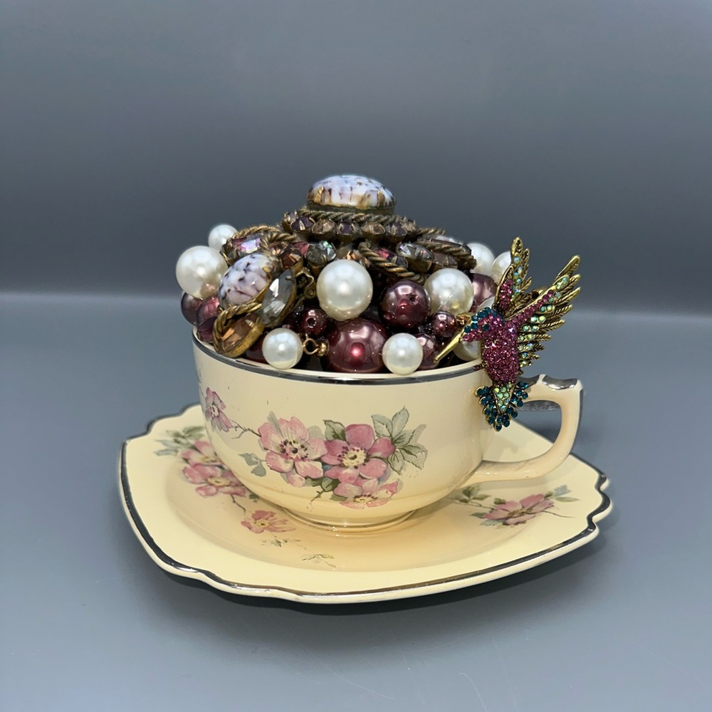 Handmade Vintage Teacup Jewelry Art Sculpture